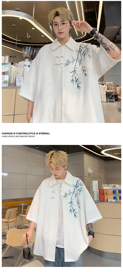 Bamboo Embroidery Shirts Men Summer Male Handsome Chic Fashion Ins High Street Half-sleeve Cool Casual Baggy New Shirt 5XL-M