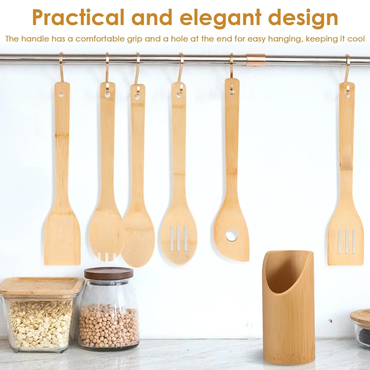 Bamboo Cooking Utensil Set Include Triple Toothed/Round/Slotted Spoon and Slotted/Square/Slanted Spatula with Organizer Bucket