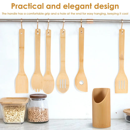 Bamboo Cooking Utensil Set Include Triple Toothed/Round/Slotted Spoon and Slotted/Square/Slanted Spatula with Organizer Bucket