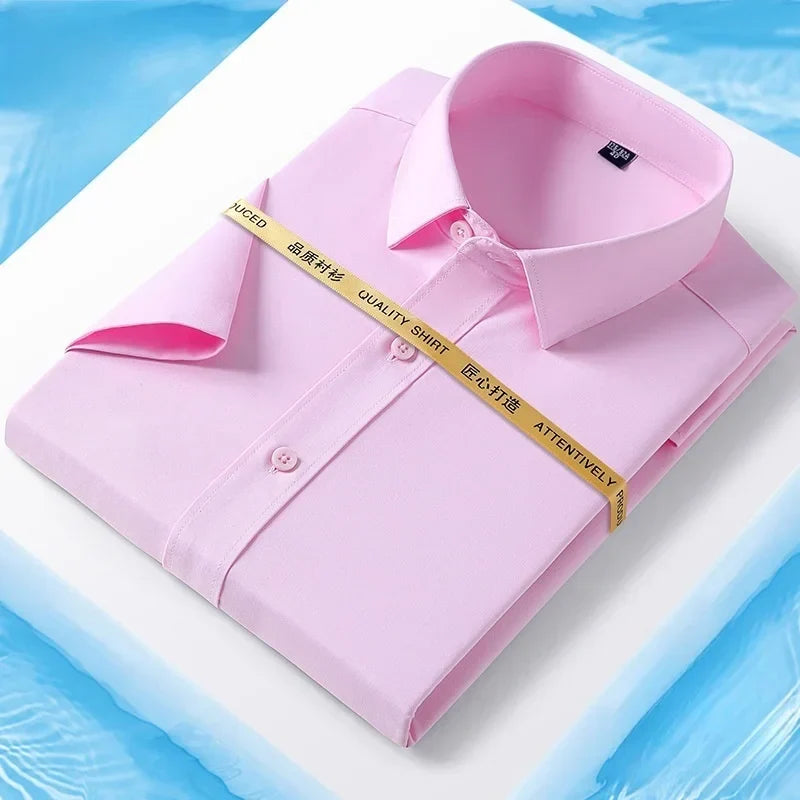 Bamboo Fiber Men Shirt Fashion Casual Business Short-Sleeved Top Anti-Wrinkle Solid Color Formal White Office Shirt Men Clothing