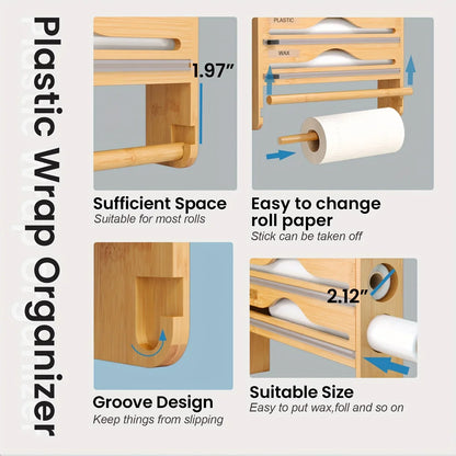 Bamboo 4-in-1 Wall Mount Foil & Plastic Wrap Organizer with Cutter - Kitchen Storage Solution for Wax Paper.