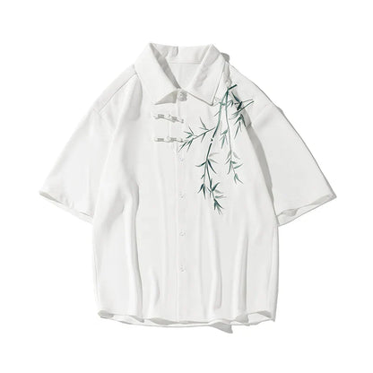 Bamboo Embroidery Shirts Men Summer Male Handsome Chic Fashion Ins High Street Half-sleeve Cool Casual Baggy New Shirt 5XL-M