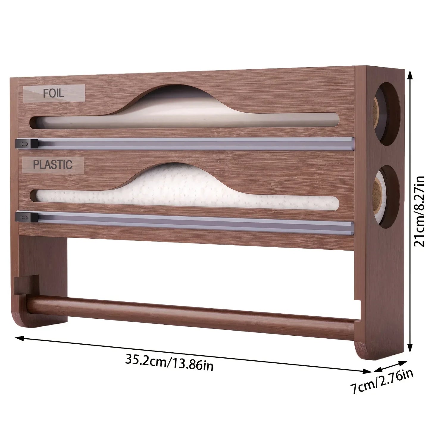 Bamboo 4-in-1 Wall Mount Foil & Plastic Wrap Organizer with Cutter - Kitchen Storage Solution for Wax Paper.