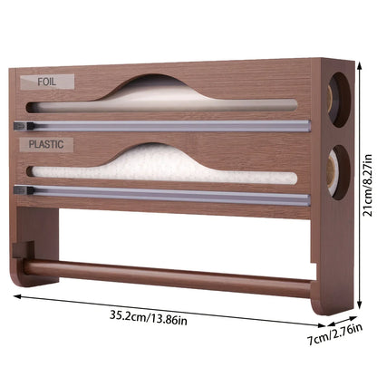 Bamboo 4-in-1 Wall Mount Foil & Plastic Wrap Organizer with Cutter - Kitchen Storage Solution for Wax Paper.
