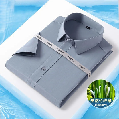 Bamboo Fiber Men Shirt Fashion Casual Business Short-Sleeved Top Anti-Wrinkle Solid Color Formal White Office Shirt Men Clothing