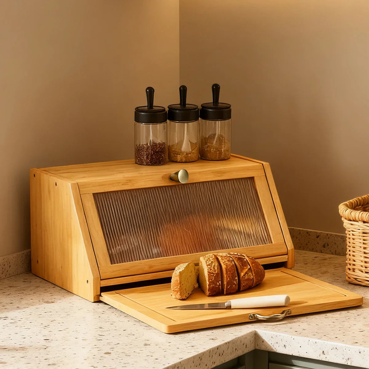 Bamboo Bread Box Cutting Board Combo, Large Capacity Kitchen Corner Organizer for Pantry Storage