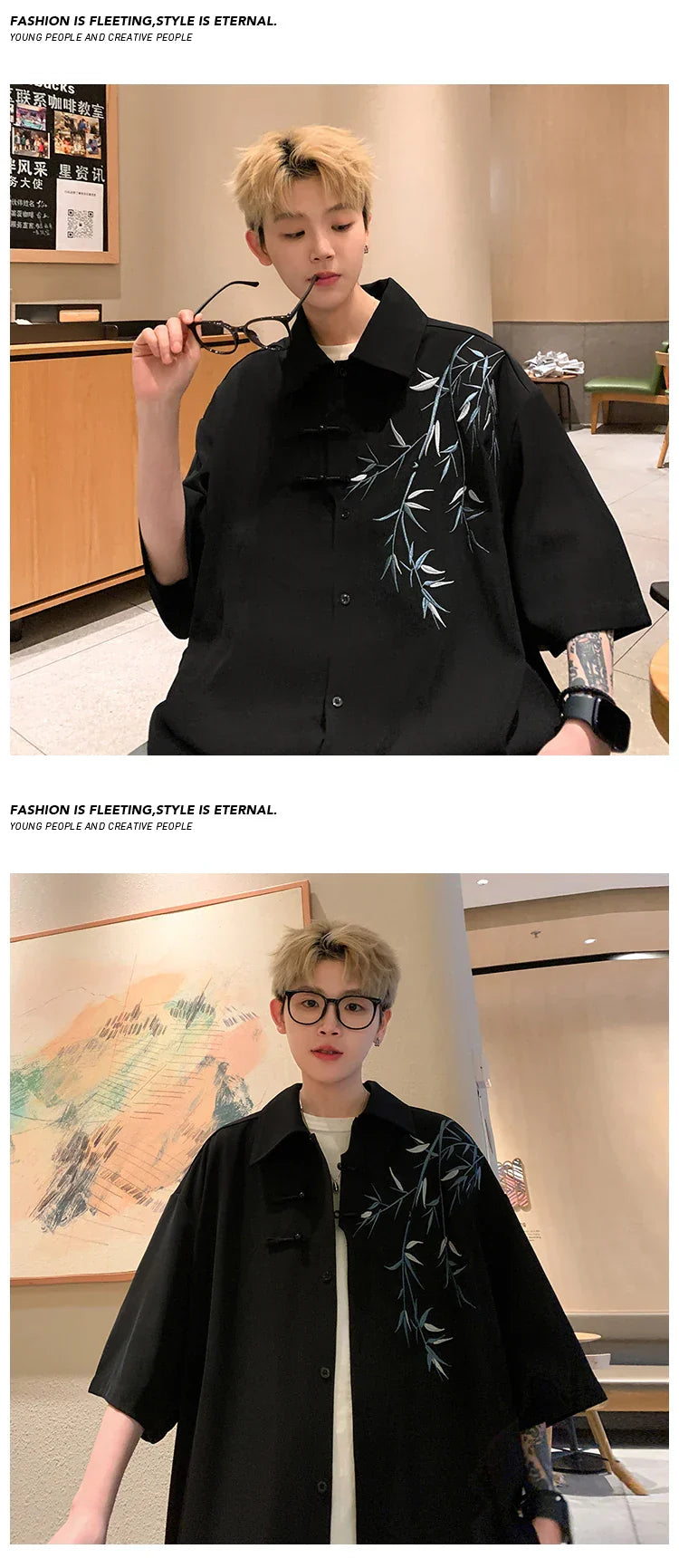 Bamboo Embroidery Shirts Men Summer Male Handsome Chic Fashion Ins High Street Half-sleeve Cool Casual Baggy New Shirt 5XL-M