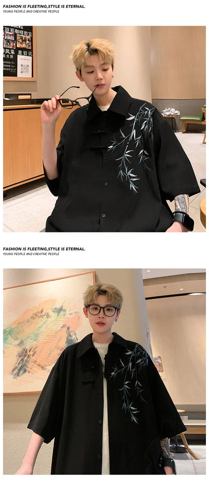 Bamboo Embroidery Shirts Men Summer Male Handsome Chic Fashion Ins High Street Half-sleeve Cool Casual Baggy New Shirt 5XL-M