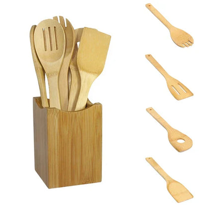 6 Pieces Bamboo Spoon Spatula Kitchen Utensil Wooden Cooking Tool Mixing Set