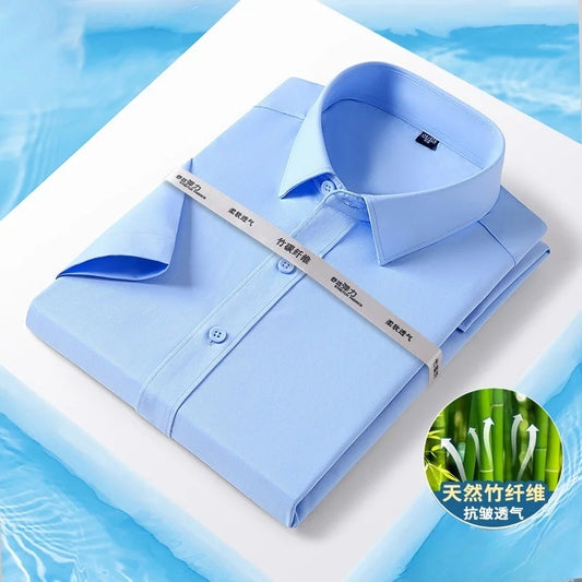 Bamboo Fiber Men Shirt Fashion Casual Business Short-Sleeved Top Anti-Wrinkle Solid Color Formal White Office Shirt Men Clothing