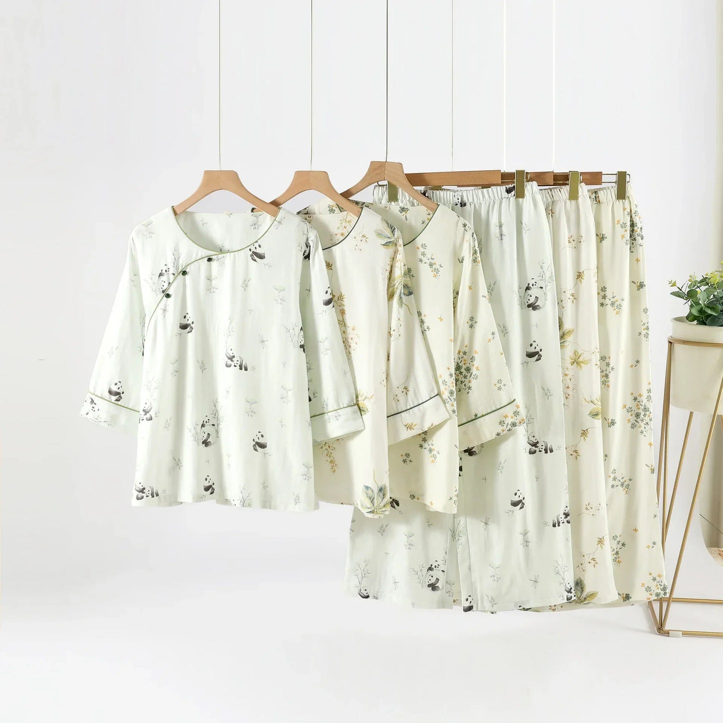 2025 Bamboo Cotton Gauze Pajamas Women's Chinese Retro Style Round Neck Loungewear Thin Nine-quarter Sleeve Loose Home Clothes