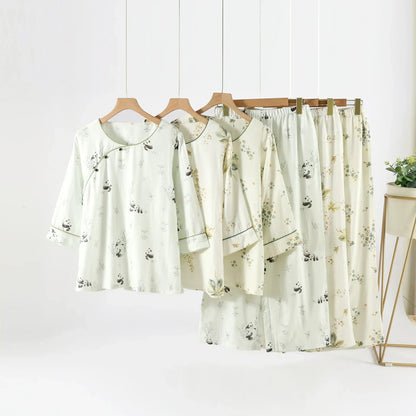 2025 Bamboo Cotton Gauze Pajamas Women's Chinese Retro Style Round Neck Loungewear Thin Nine-quarter Sleeve Loose Home Clothes