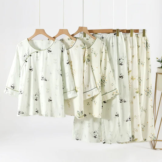 2025 Bamboo Cotton Gauze Pajamas Women's Chinese Retro Style Round Neck Loungewear Thin Nine-quarter Sleeve Loose Home Clothes