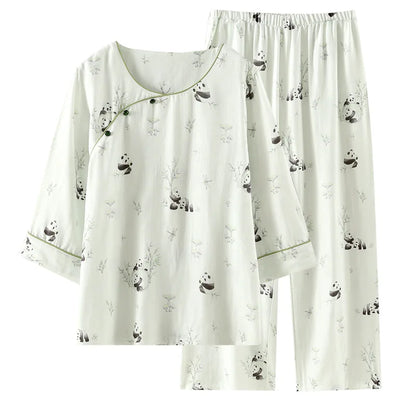 2025 Bamboo Cotton Gauze Pajamas Women's Chinese Retro Style Round Neck Loungewear Thin Nine-quarter Sleeve Loose Home Clothes
