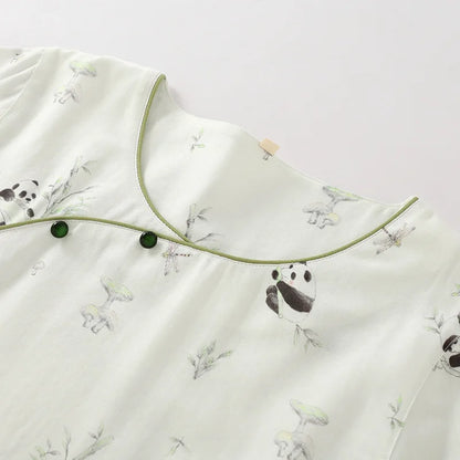 2025 Bamboo Cotton Gauze Pajamas Women's Chinese Retro Style Round Neck Loungewear Thin Nine-quarter Sleeve Loose Home Clothes
