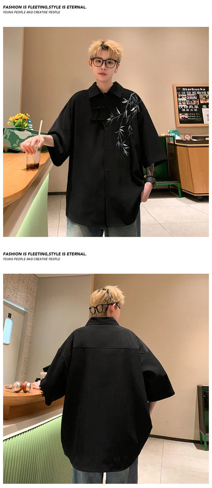 Bamboo Embroidery Shirts Men Summer Male Handsome Chic Fashion Ins High Street Half-sleeve Cool Casual Baggy New Shirt 5XL-M