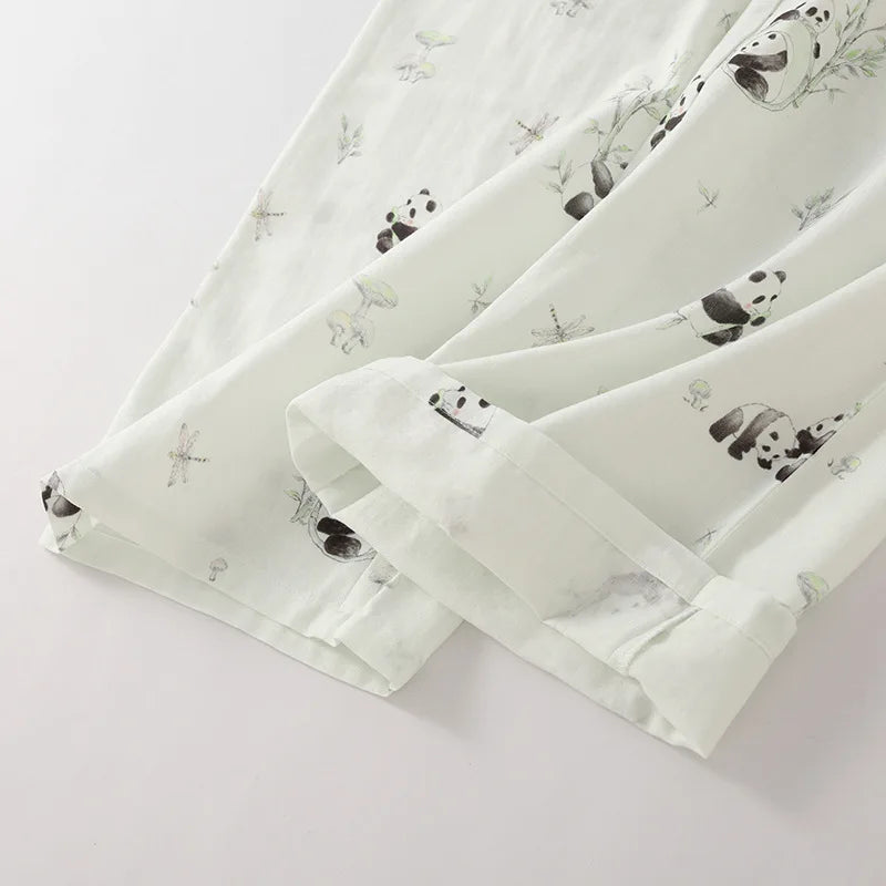 2025 Bamboo Cotton Gauze Pajamas Women's Chinese Retro Style Round Neck Loungewear Thin Nine-quarter Sleeve Loose Home Clothes