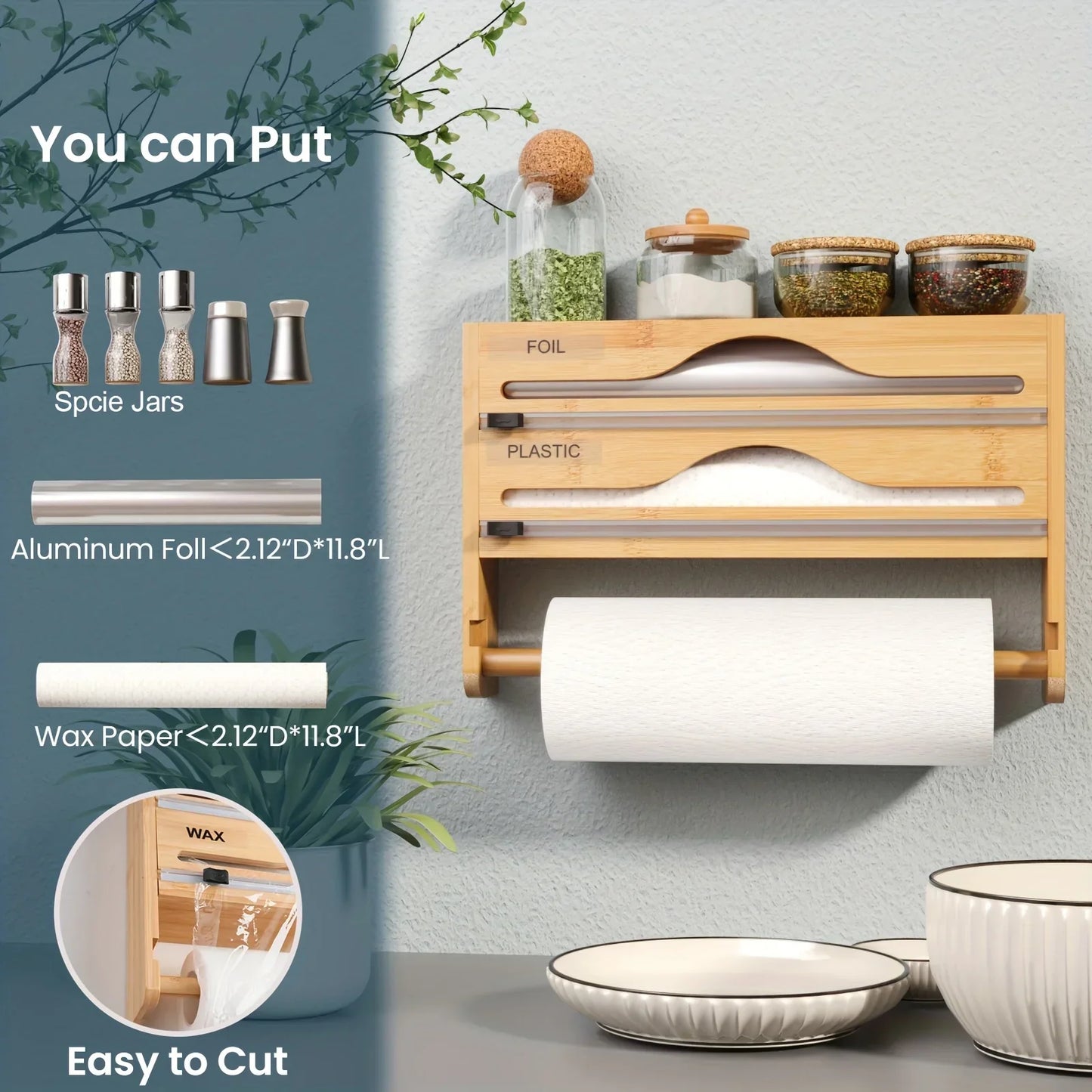 Bamboo 4-in-1 Wall Mount Foil & Plastic Wrap Organizer with Cutter - Kitchen Storage Solution for Wax Paper.