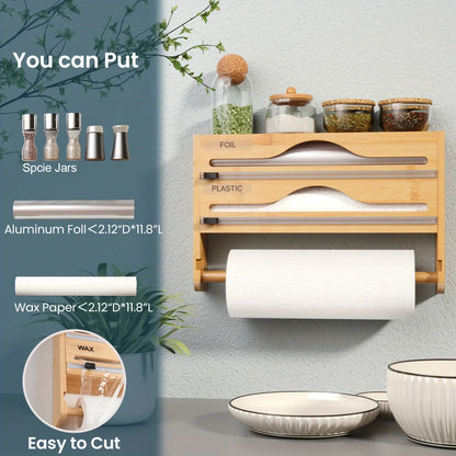 Bamboo 4-in-1 Wall Mount Foil & Plastic Wrap Organizer with Cutter - Kitchen Storage Solution for Wax Paper.