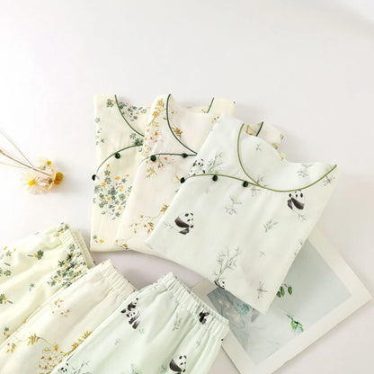 2025 Bamboo Cotton Gauze Pajamas Women's Chinese Retro Style Round Neck Loungewear Thin Nine-quarter Sleeve Loose Home Clothes