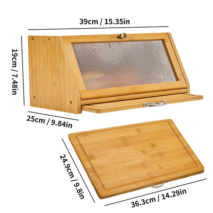 Bamboo Bread Box Cutting Board Combo, Large Capacity Kitchen Corner Organizer for Pantry Storage