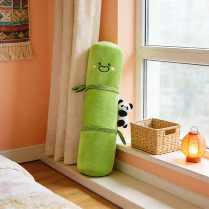 Green Style Long Pillow With Bear Ornament Cartoon Bamboo Shaped Bed Sofa Comfort Pillow Home Creatively Soft Bamboo Pillow