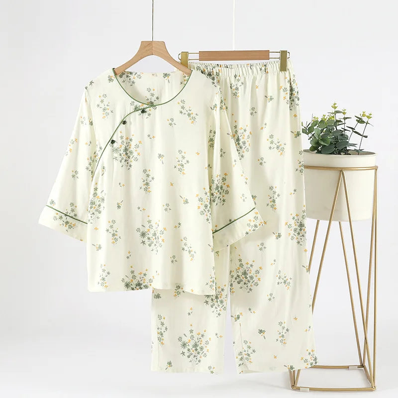 2025 Bamboo Cotton Gauze Pajamas Women's Chinese Retro Style Round Neck Loungewear Thin Nine-quarter Sleeve Loose Home Clothes