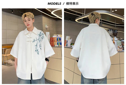 Bamboo Embroidery Shirts Men Summer Male Handsome Chic Fashion Ins High Street Half-sleeve Cool Casual Baggy New Shirt 5XL-M