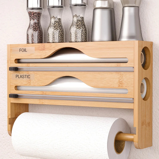 Bamboo 4-in-1 Wall Mount Foil & Plastic Wrap Organizer with Cutter - Kitchen Storage Solution for Wax Paper.