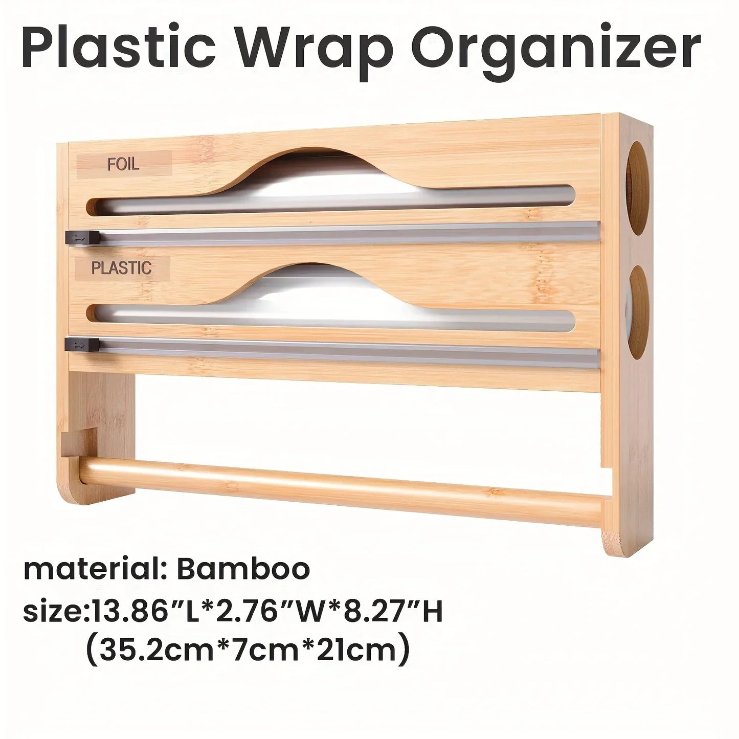 Bamboo 4-in-1 Wall Mount Foil & Plastic Wrap Organizer with Cutter - Kitchen Storage Solution for Wax Paper.