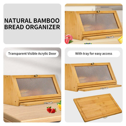 Bamboo Bread Box Cutting Board Combo, Large Capacity Kitchen Corner Organizer for Pantry Storage