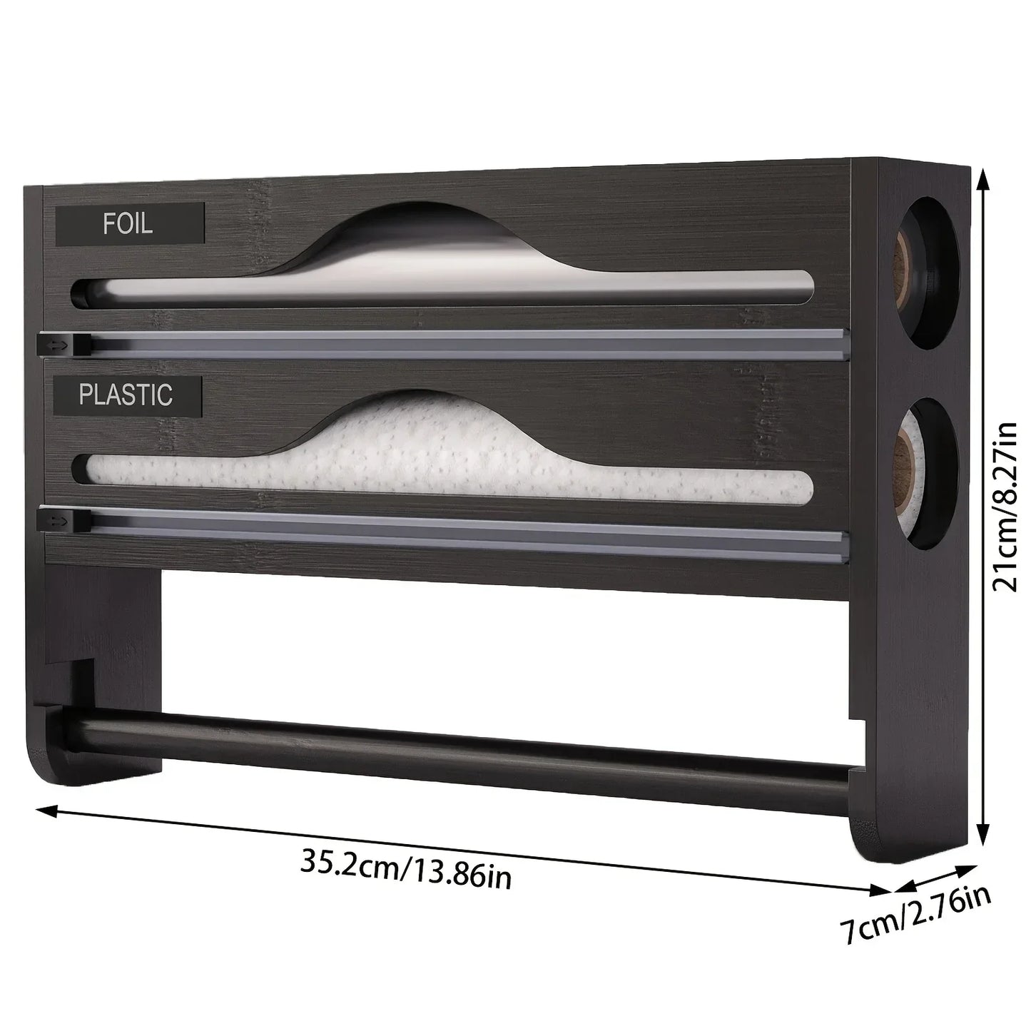 Bamboo 4-in-1 Wall Mount Foil & Plastic Wrap Organizer with Cutter - Kitchen Storage Solution for Wax Paper.