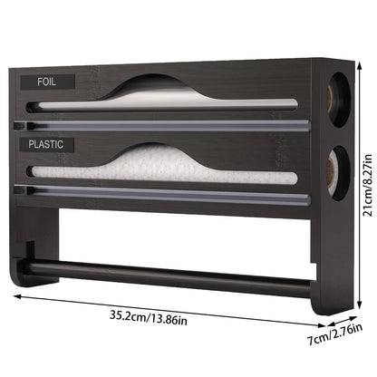 Bamboo 4-in-1 Wall Mount Foil & Plastic Wrap Organizer with Cutter - Kitchen Storage Solution for Wax Paper.
