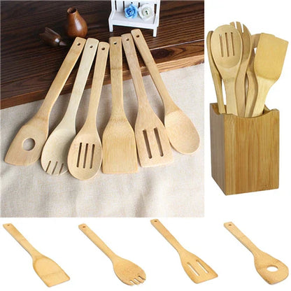 6 Pieces Bamboo Spoon Spatula Kitchen Utensil Wooden Cooking Tool Mixing Set