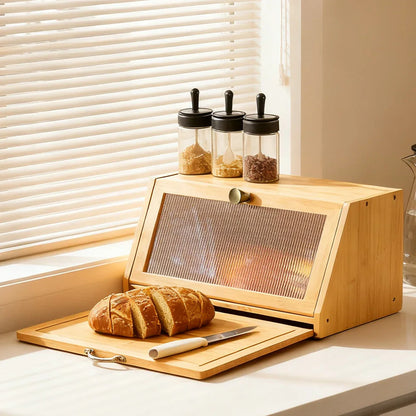 Bamboo Bread Box Cutting Board Combo, Large Capacity Kitchen Corner Organizer for Pantry Storage