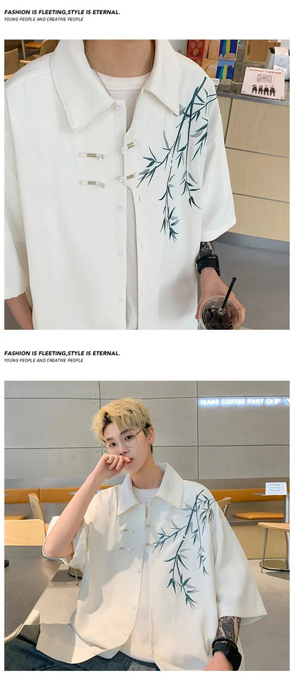 Bamboo Embroidery Shirts Men Summer Male Handsome Chic Fashion Ins High Street Half-sleeve Cool Casual Baggy New Shirt 5XL-M