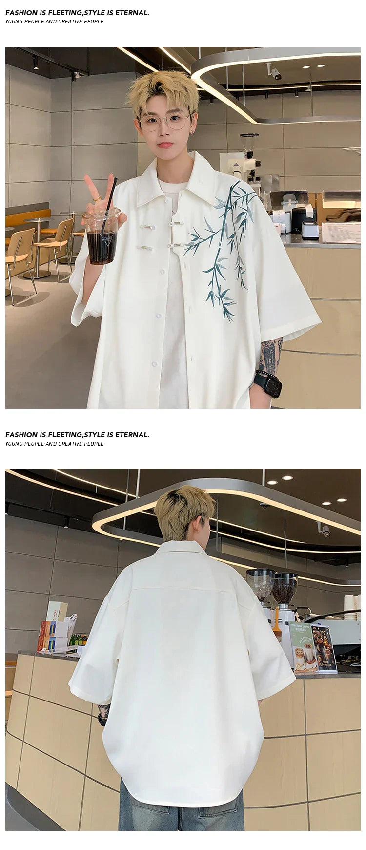 Bamboo Embroidery Shirts Men Summer Male Handsome Chic Fashion Ins High Street Half-sleeve Cool Casual Baggy New Shirt 5XL-M