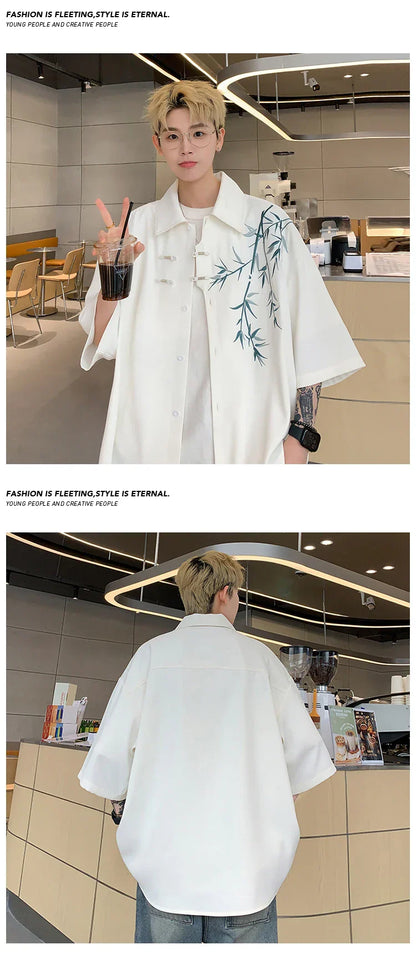 Bamboo Embroidery Shirts Men Summer Male Handsome Chic Fashion Ins High Street Half-sleeve Cool Casual Baggy New Shirt 5XL-M