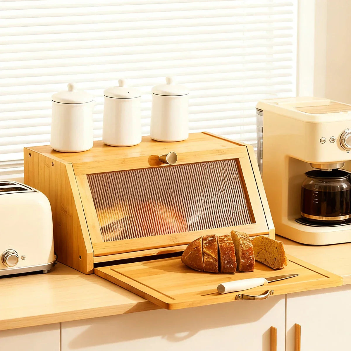 Bamboo Bread Box Cutting Board Combo, Large Capacity Kitchen Corner Organizer for Pantry Storage